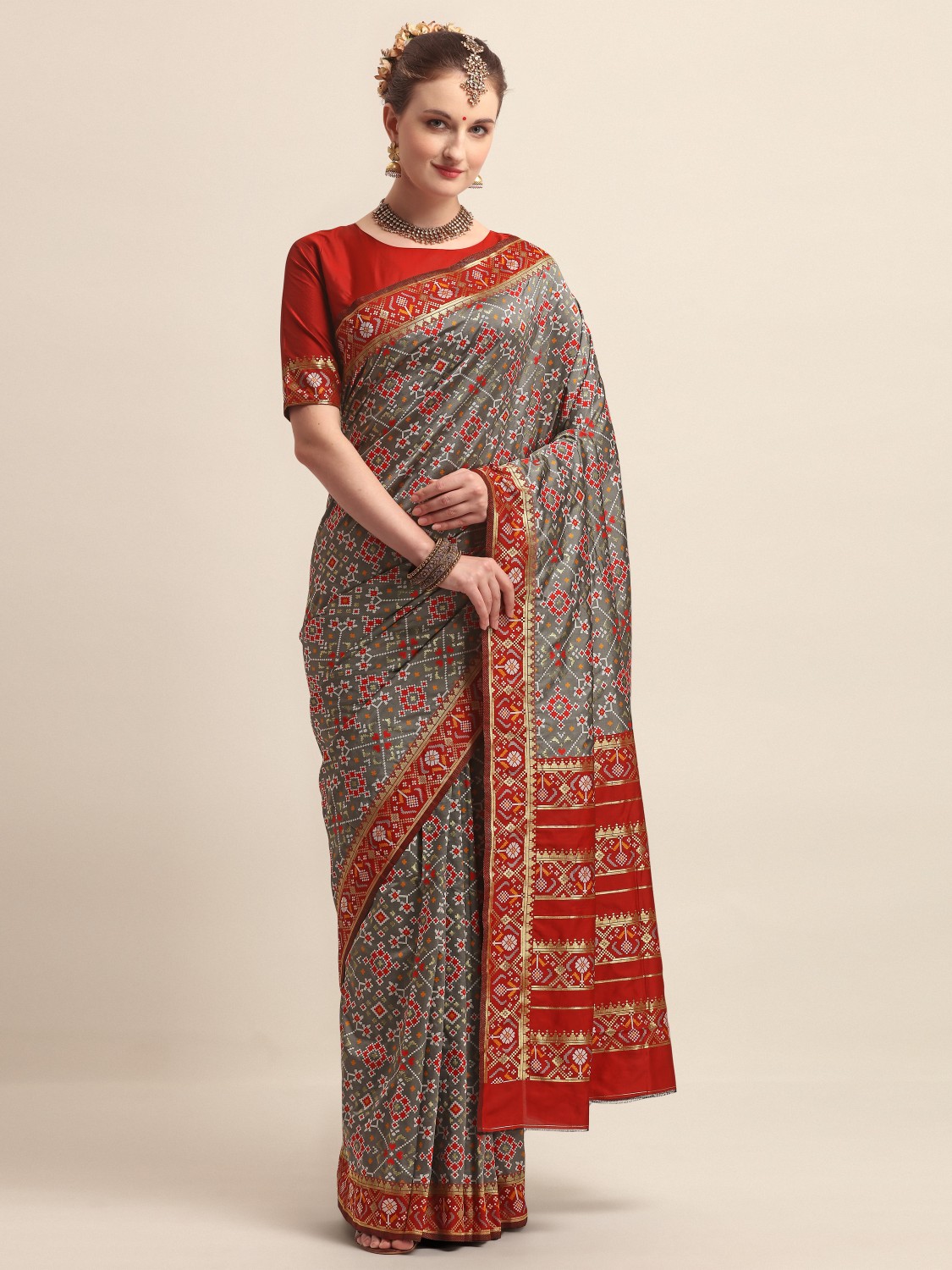 KAPAAHA Woven Navratan Patola Saree (Grey)